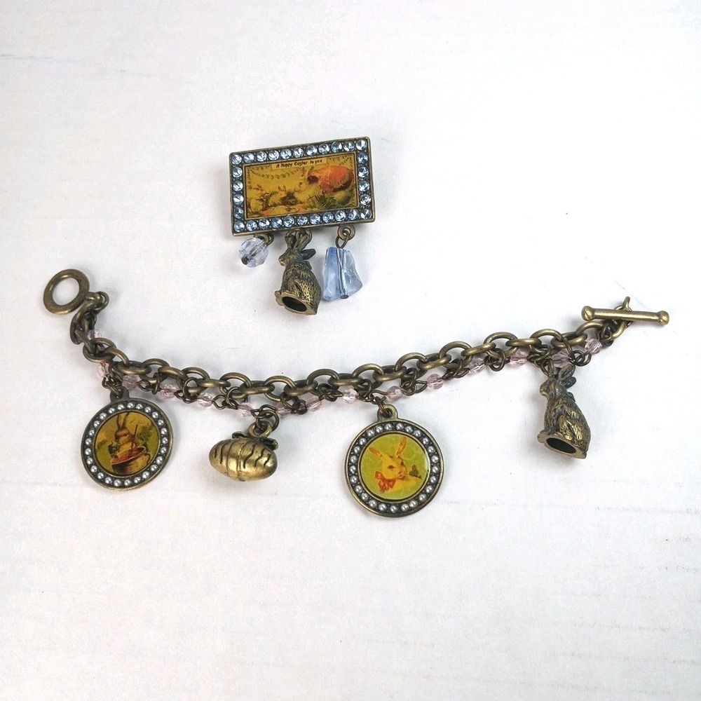 Vintage Rabbit Charm Bracelet and Brooch Brass Alice Easter Rare Find